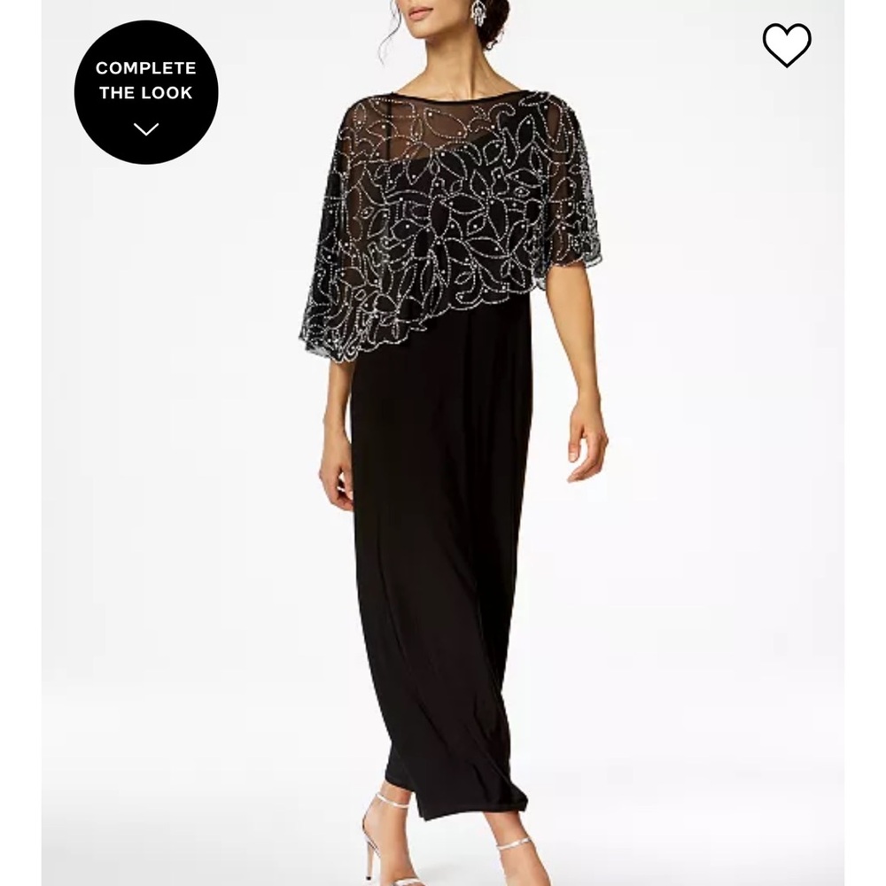 Black Formal long beaded dress with embellished cape overlay size large Petite